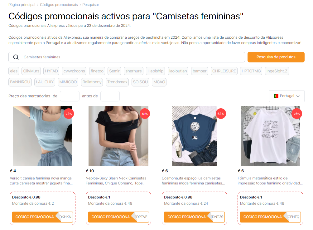 Camisetas femininas - Códigos promocionais do AliExpress