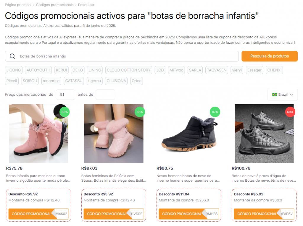 Cupons AliExpress para botas de borracha infantis
