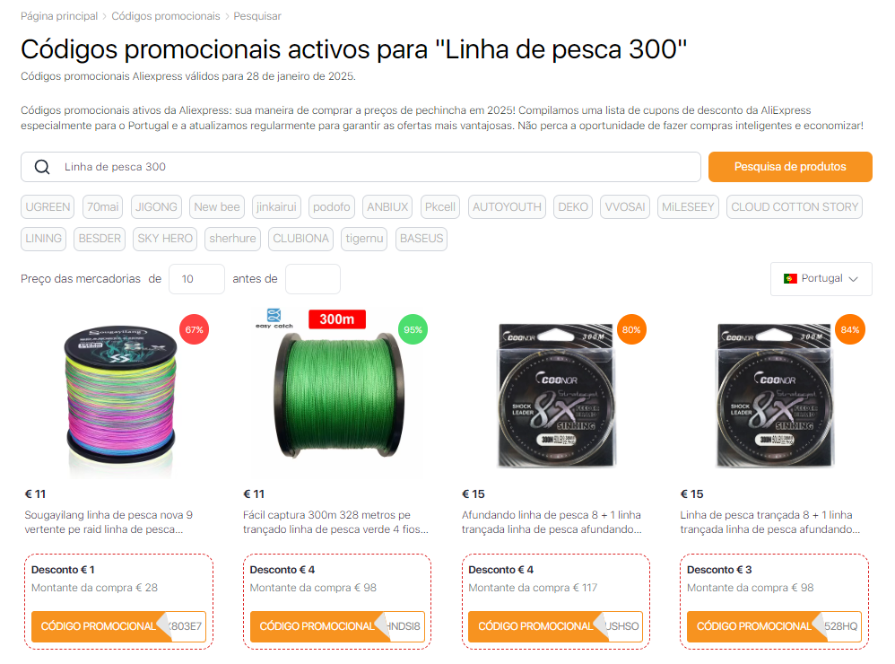 Códigos promocionais AliExpress para linha de pesca