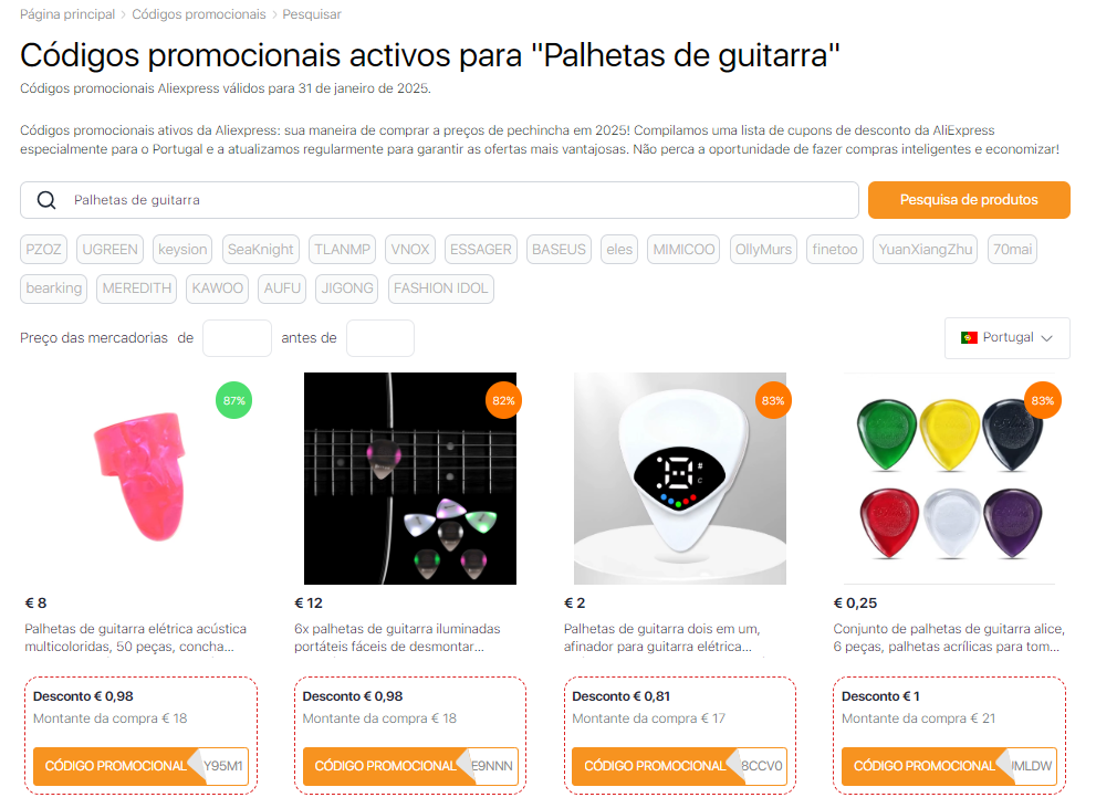 Palhetas de guitarra códigos promocionais do Aliexpress