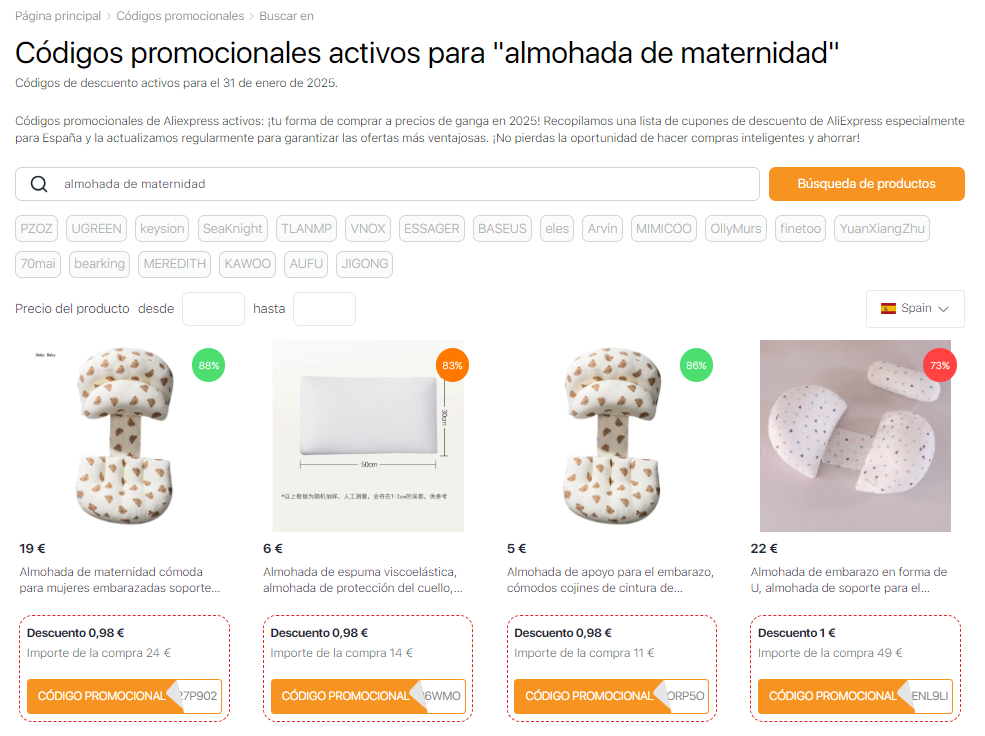 Códigos promocionales de Aliexpress para almohadas de maternidad