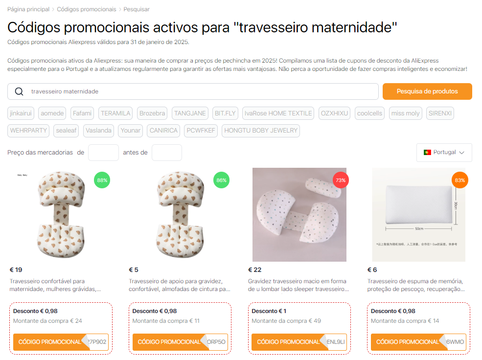 Códigos promocionais do Aliexpress para travesseiros de maternidade