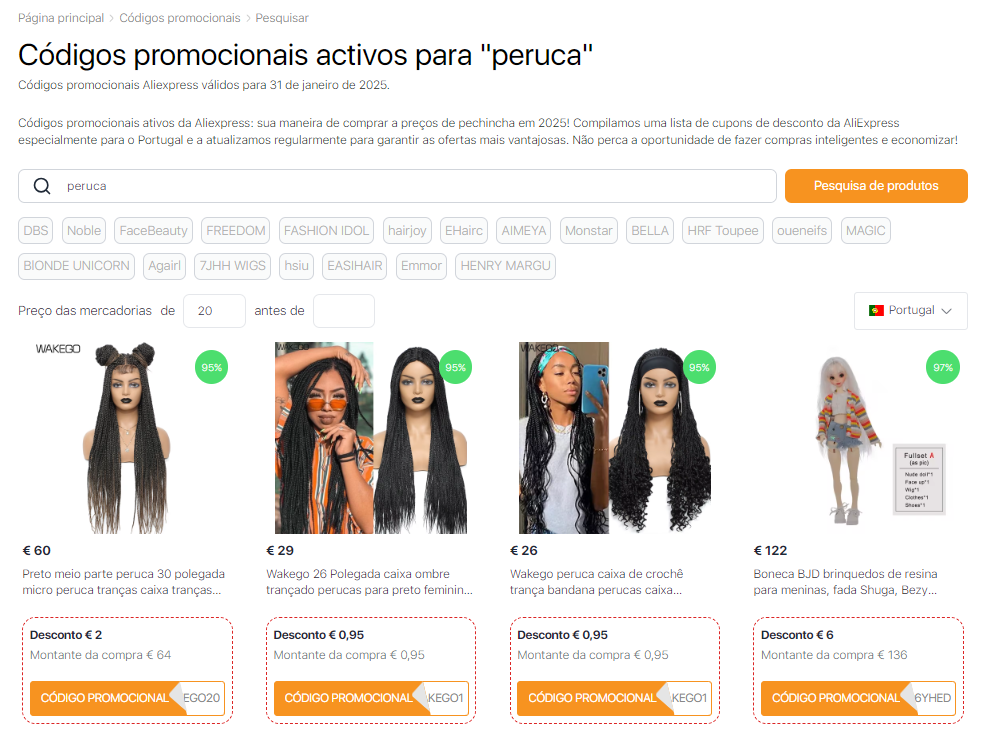 Como colocar uma peruca - códigos promocionais do Aliexpress