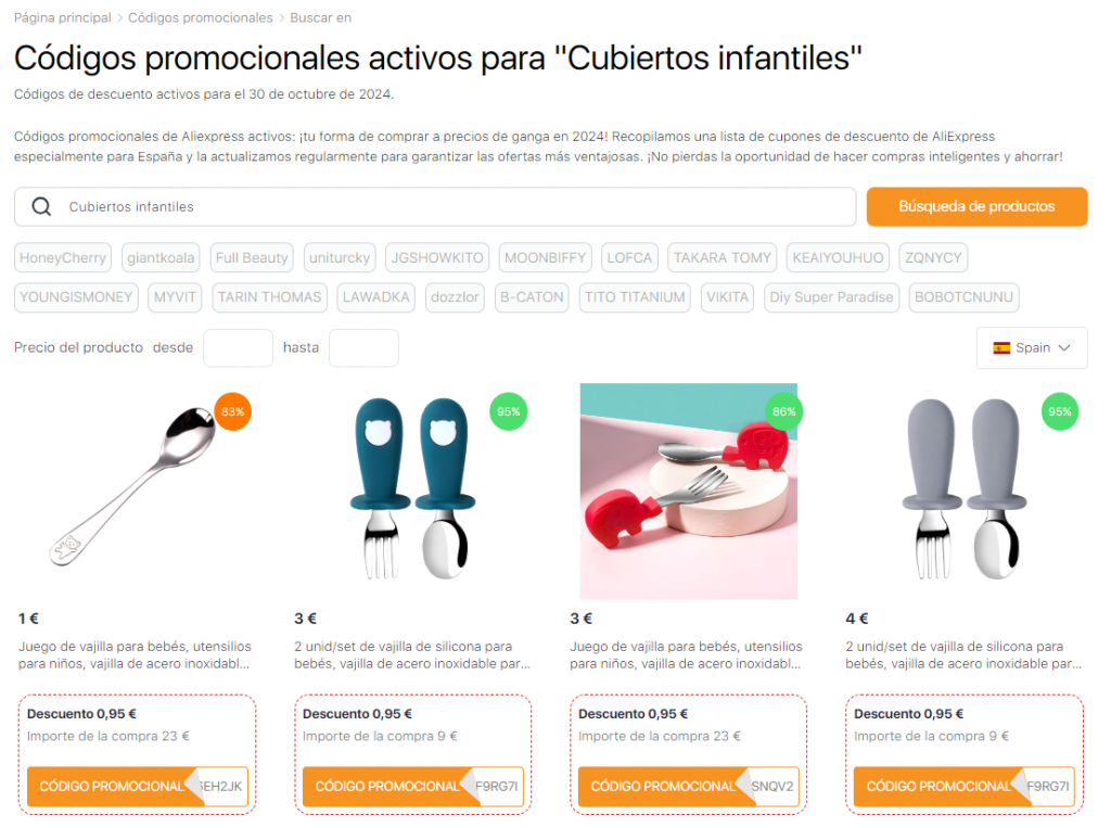 Cubiertos infantiles códigos Promocionales Aliexpress