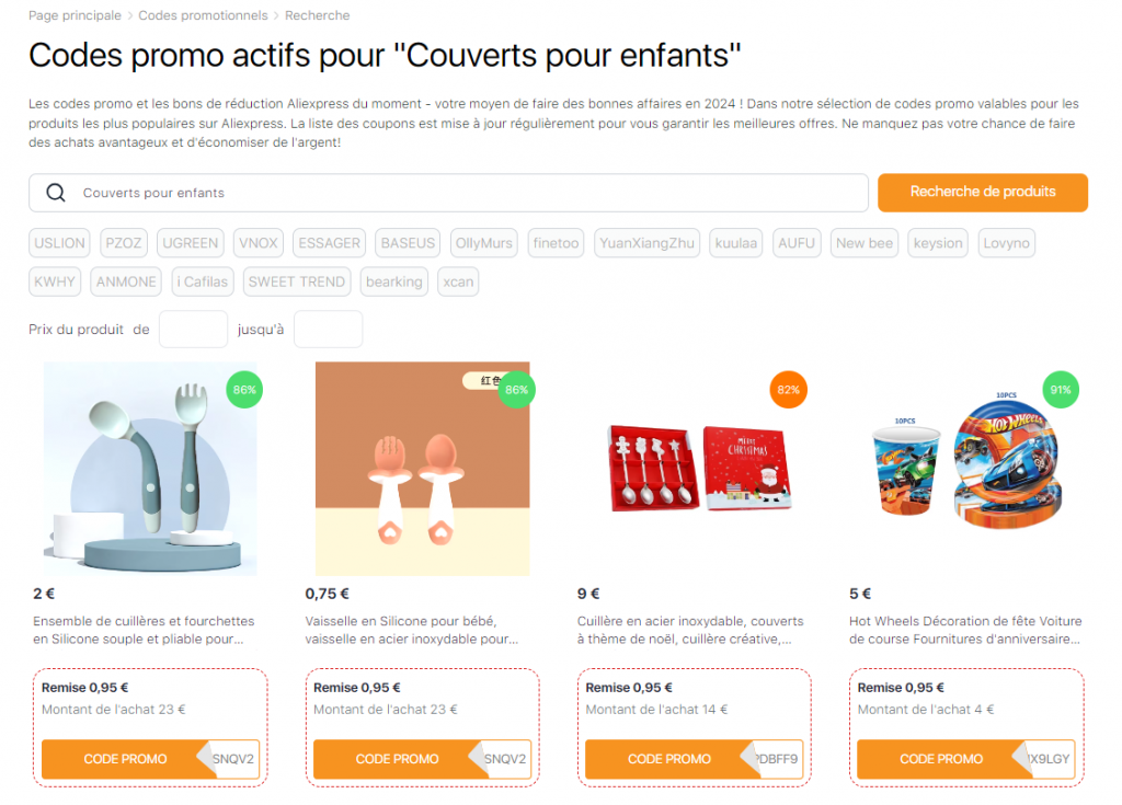 Couverts pour enfants codes promo Aliexpress