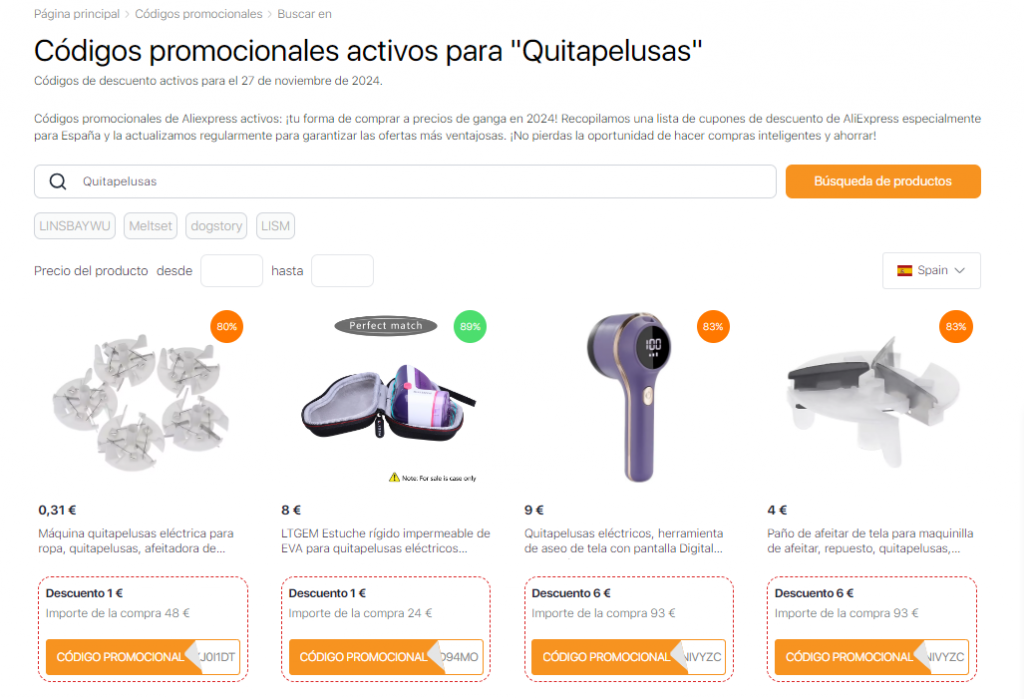 Quitapelusas - códigos promocionales de descuento de Aliexpress