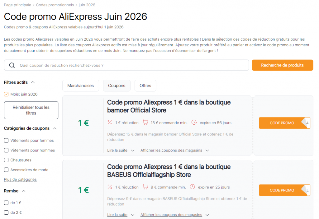 Vente Aliexpress juin codes promo