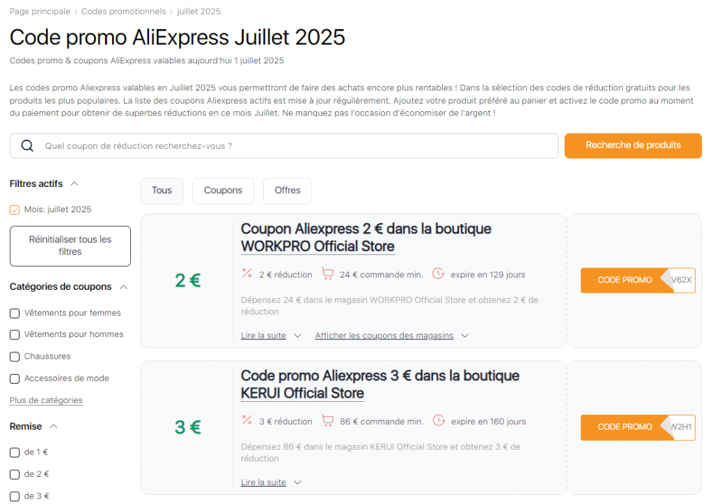 AliExpress Coupons en juillet
