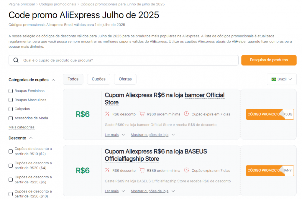 AliExpress Cupões em julho