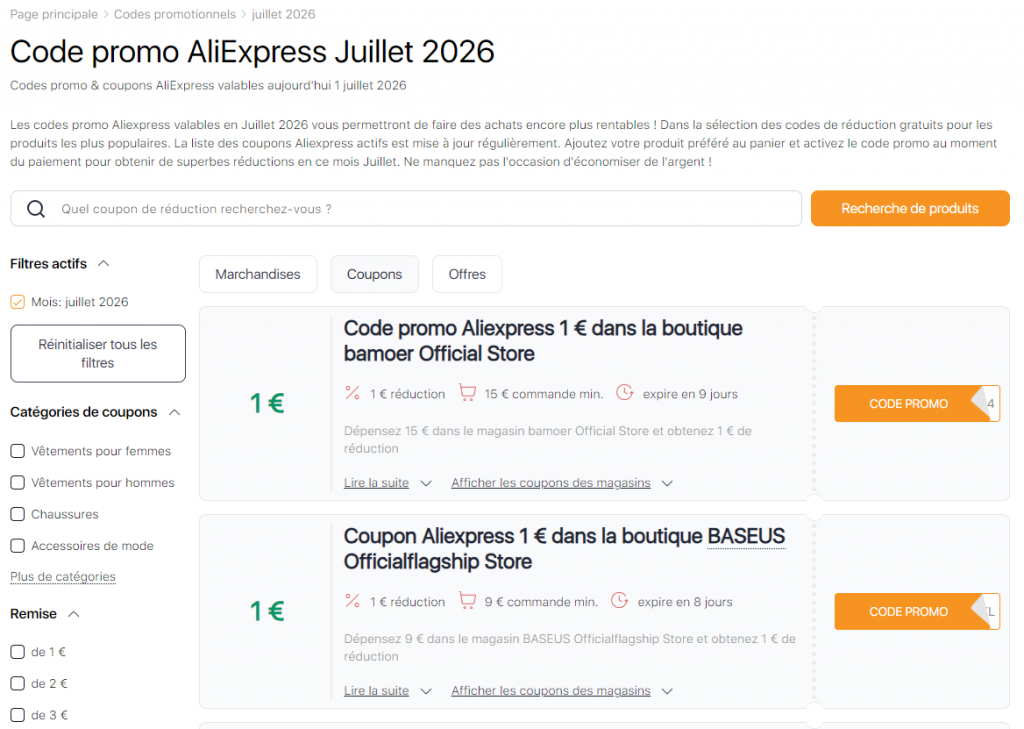 AliExpress Coupons en juillet