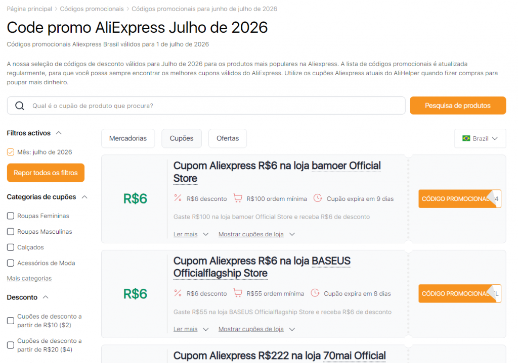 AliExpress Cupões em julho