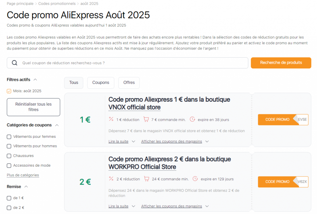 Codes promo valables pour Aliexpress Ventes