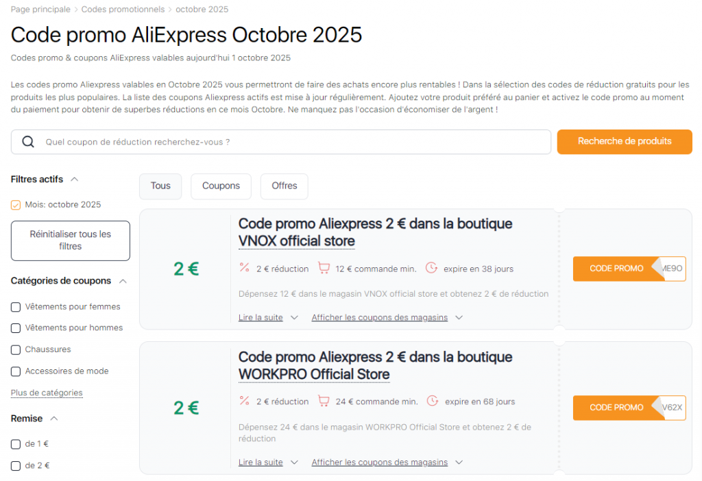 Ventes sur Aliexpress Octobre codes promo