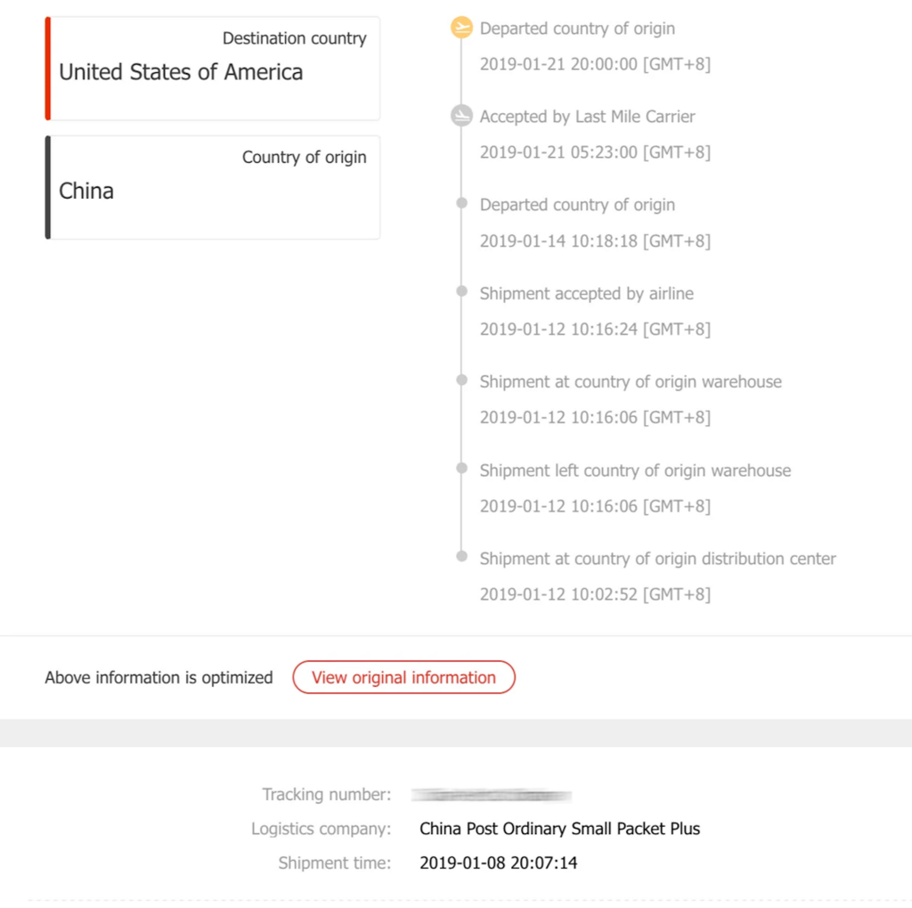 Order tracking information on the Aliexpress website