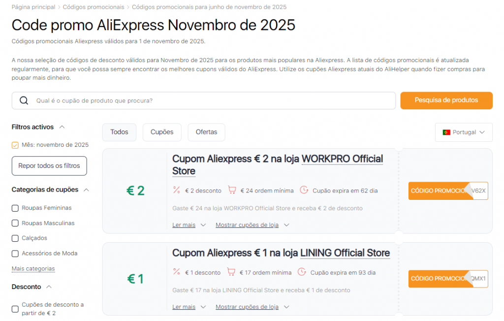 Promoções no Aliexpress Novembro cupons