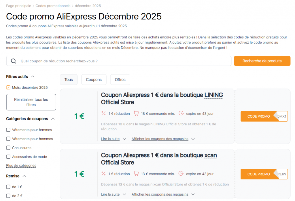 Ventes sur Aliexpress Décembre coupons