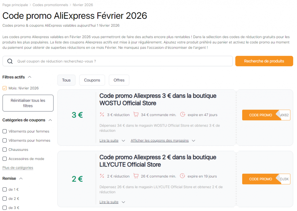 Ventes sur Aliexpress Février codes promo