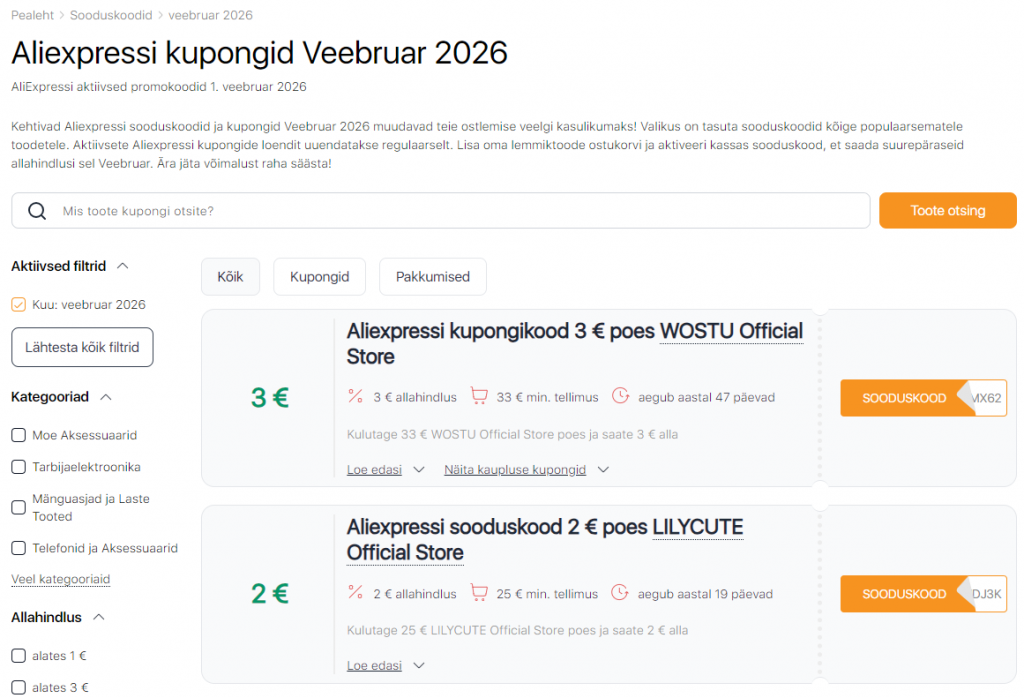 Müük Aliexpressil veebruar kupongid