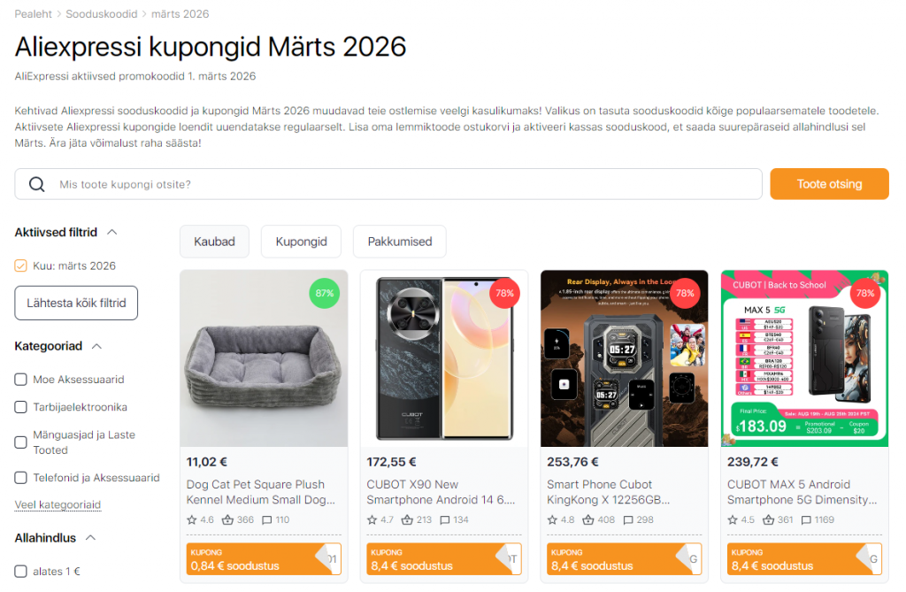 Müük Aliexpressil märts 2026 kupongid