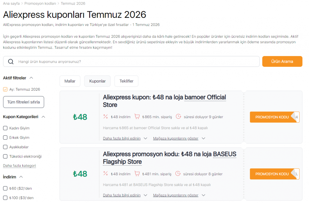 Aliexpress'te Satış Temmuz ayı kuponları