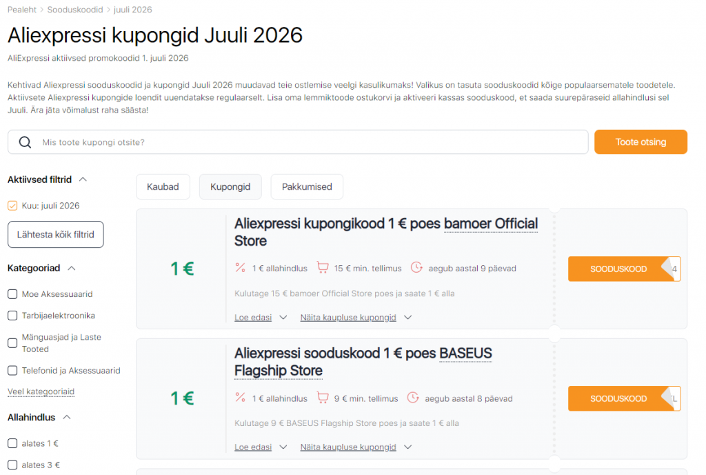 Aliexpressi sooduskoodid Juuli