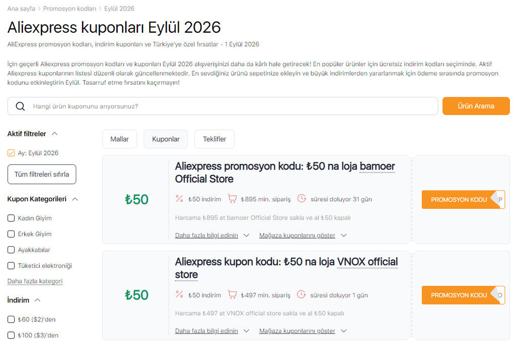 Aliexpress'te Satışlar Eylül kuponları