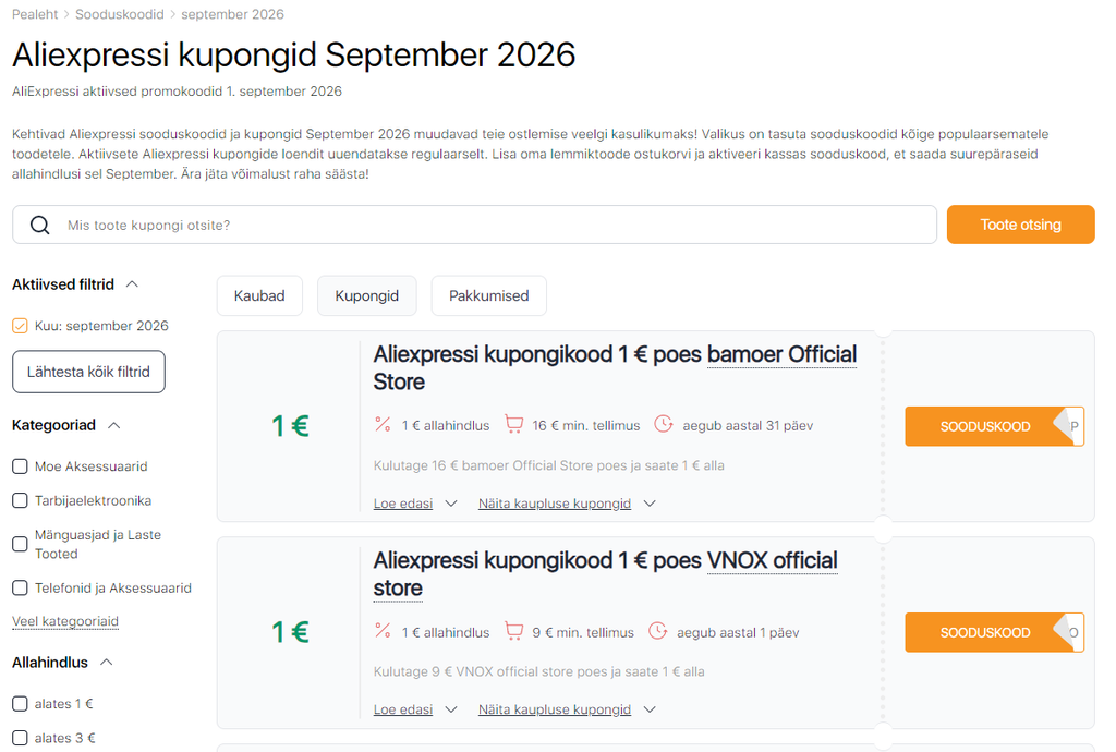 Müük Aliexpressil september kupongid