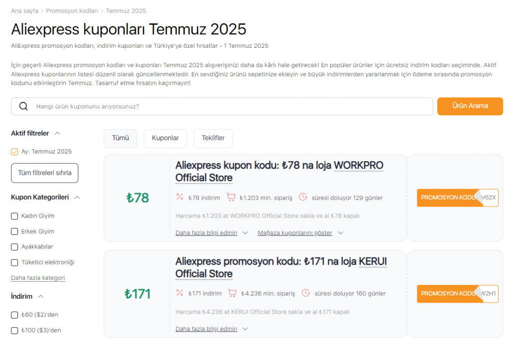 Aliexpress'te Satış Temmuz ayı kuponları