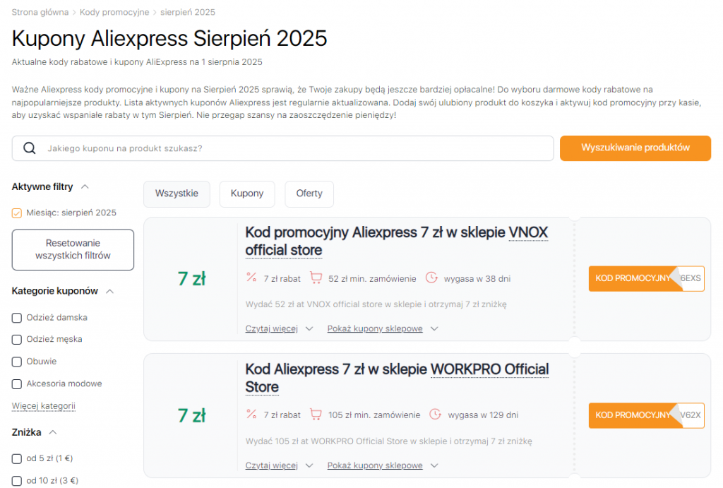 Ważne kody promocyjne Wyprzedażach Aliexpress sierpień