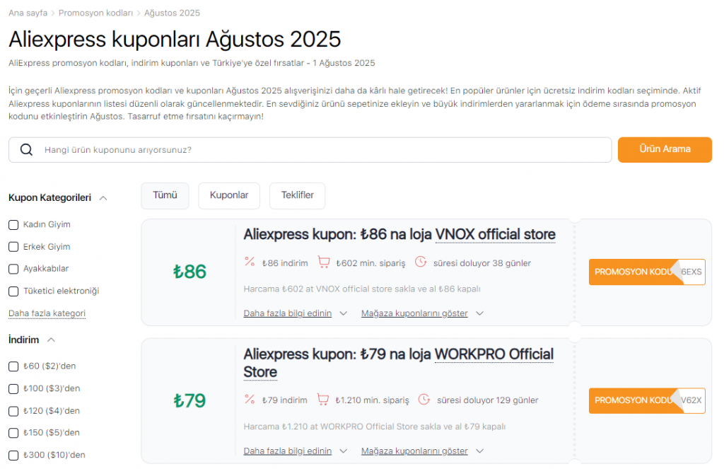 Aliexpress'te Satışlar Ağustos promosyon kodları