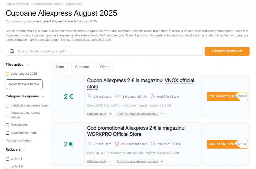 Vânzări pe Aliexpress august Coduri promoționale