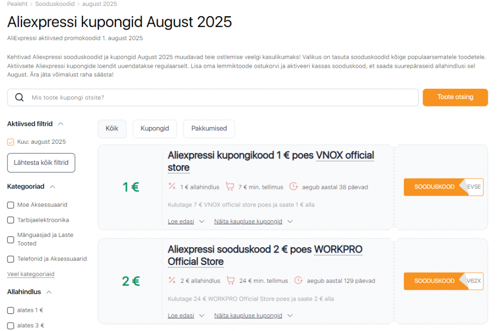 Müük Aliexpressil august sooduskoodid