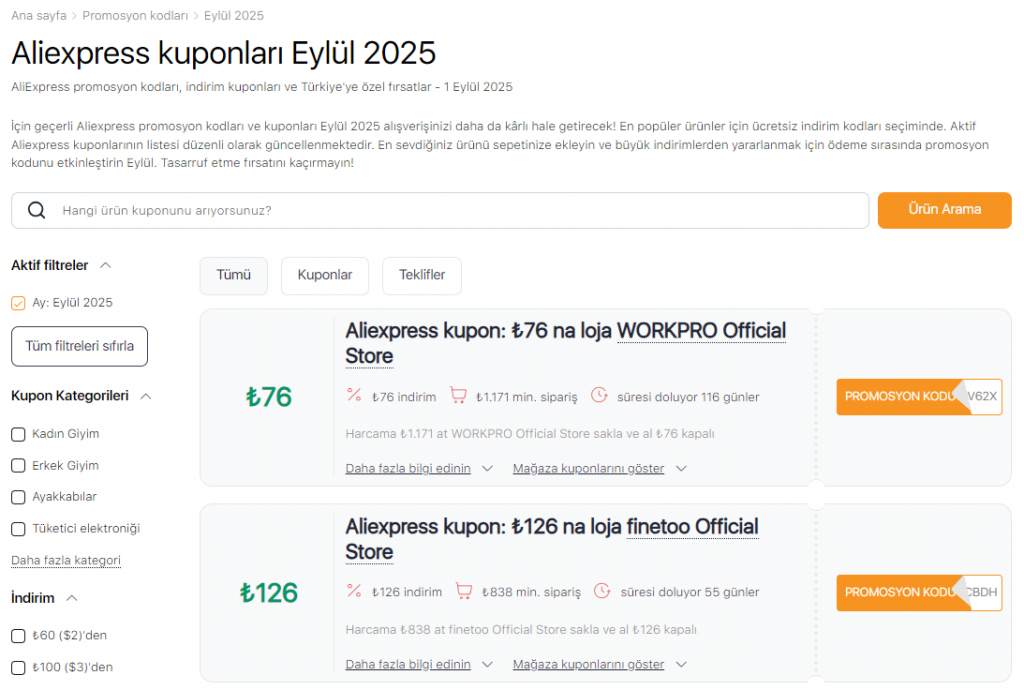 Aliexpress'te Satışlar Eylül kuponları