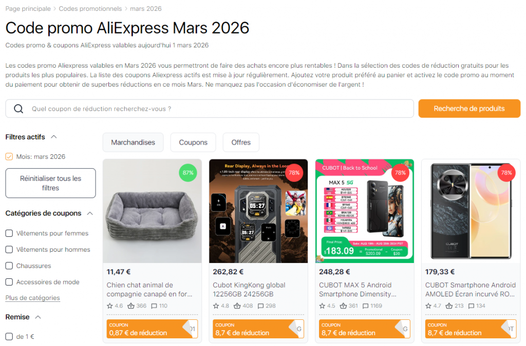 Ventes sur Aliexpress Mars 2026 Coupons de réduction