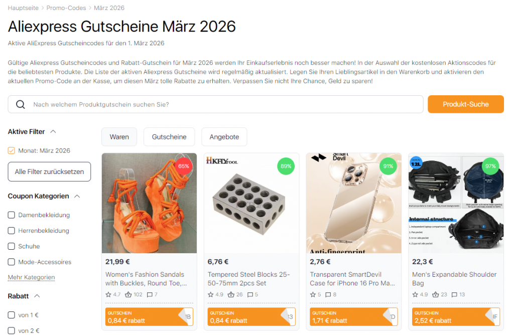 Verkäufe auf Aliexpress März 2026 Rabatt-Gutscheine