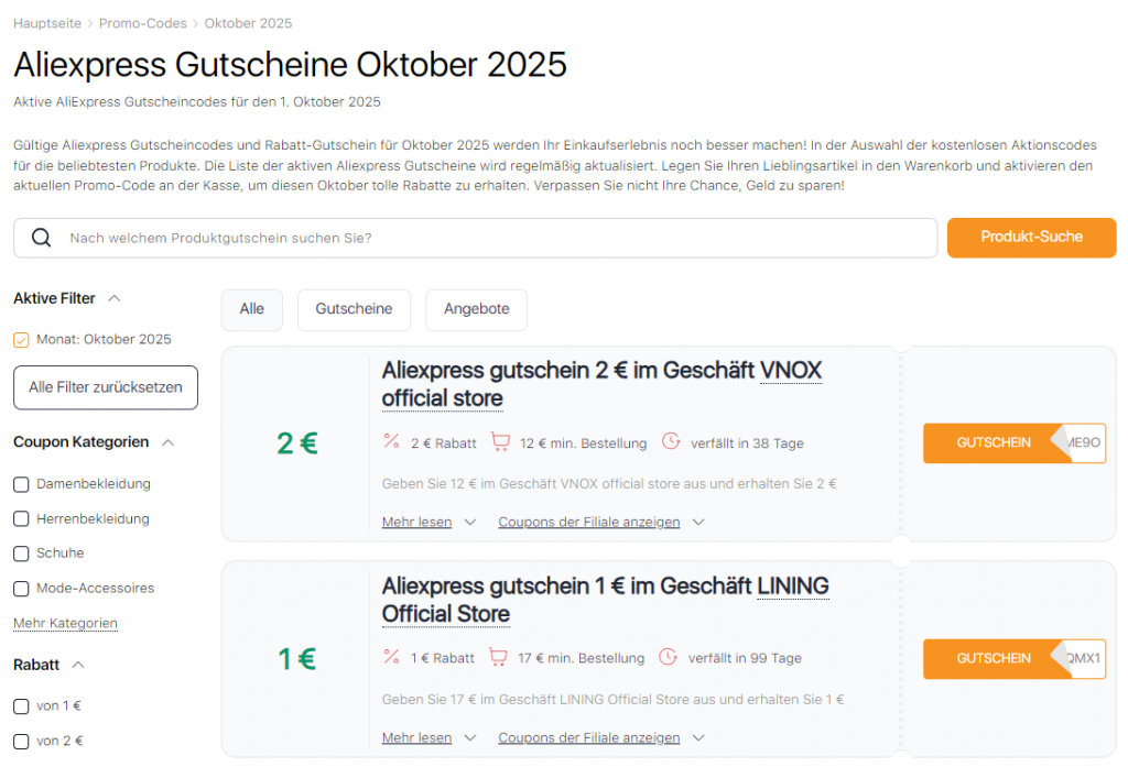 Verkäufe auf Aliexpress Oktober Gutscheine