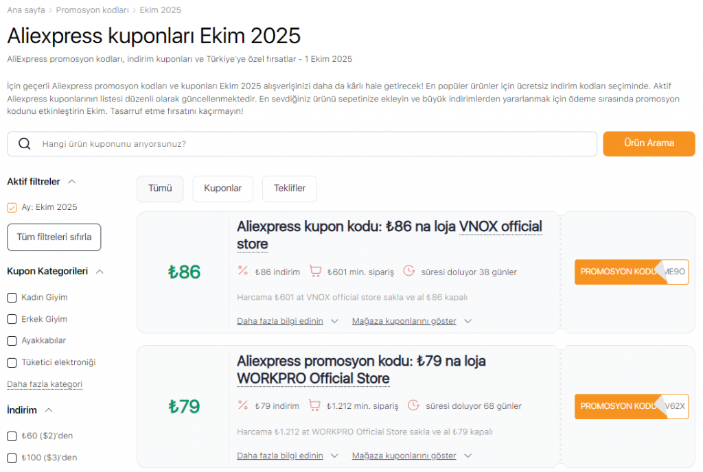 Aliexpress'te Satışlar Ekim kuponları