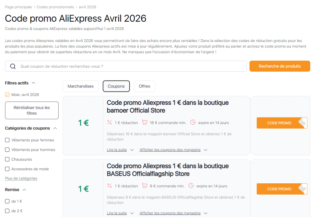 Ventes sur Aliexpress Avril Codes Promo