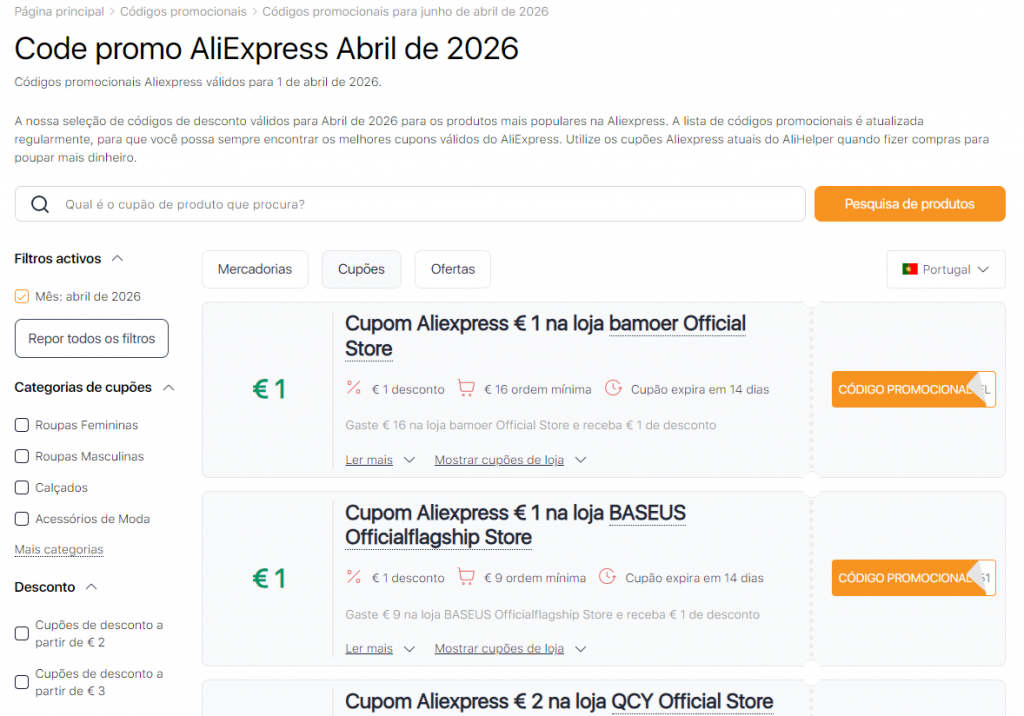 Promoções no Aliexpress Abril Códigos promocionais