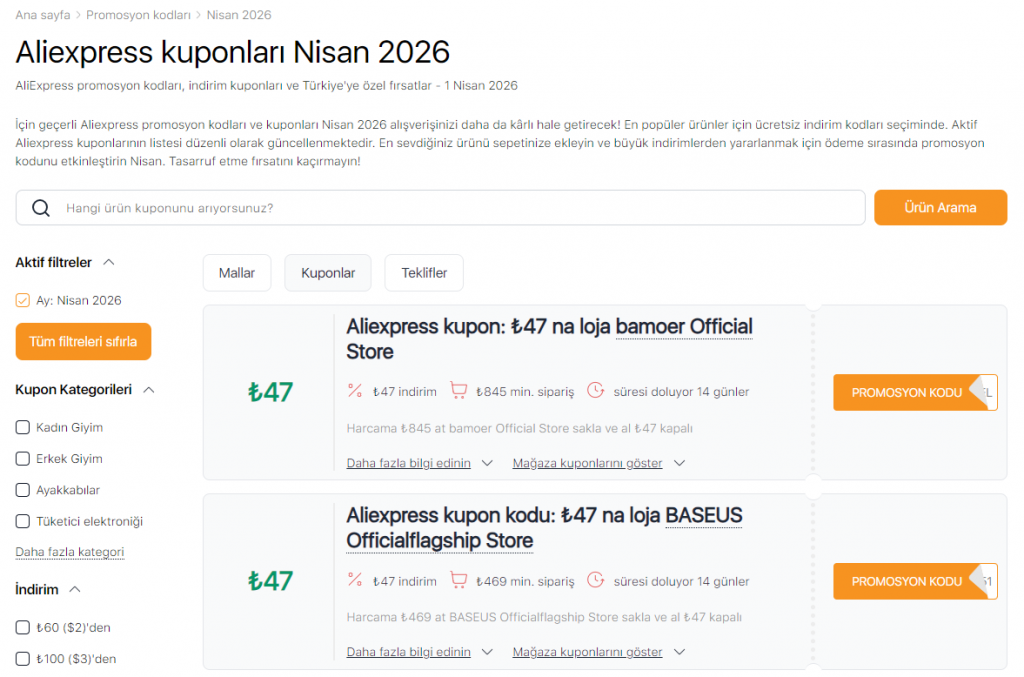 Aliexpress'te Satışlar Nisan promosyon kodları