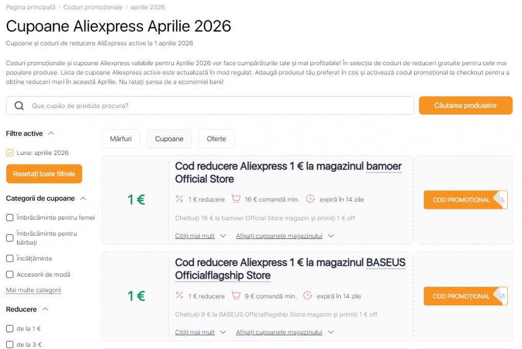 Vânzări pe Aliexpress aprilie Coduri promoționale