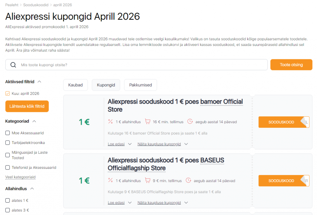 Müük Aliexpressil aprill sooduskoodid