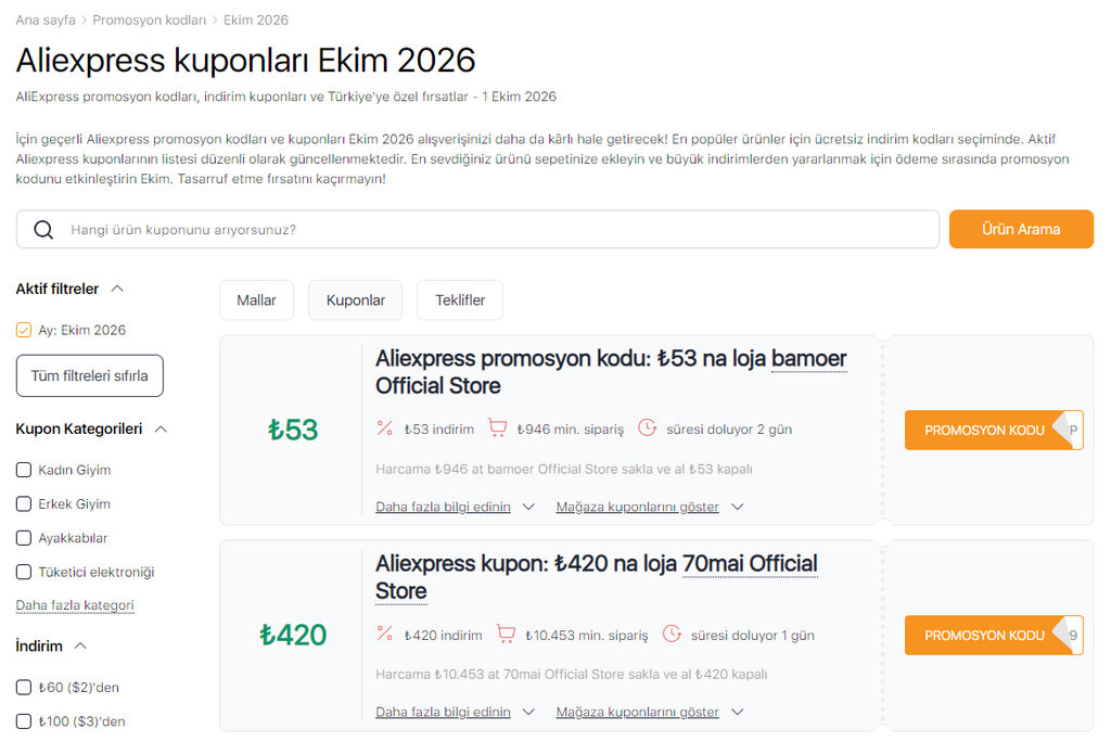 AliExpress'te Ekim İndirimleri Kuponlar