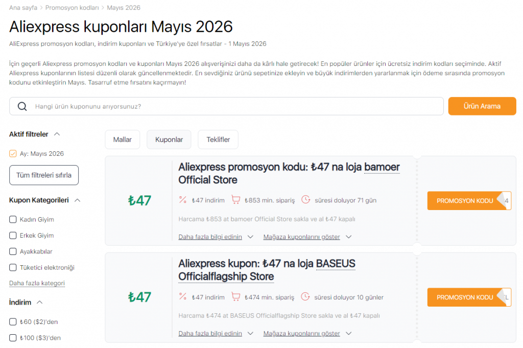 Aliexpress'te Satışlar Mayıs kuponları