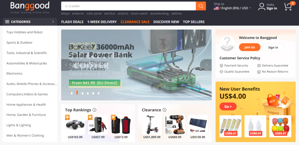 The appearance of Banggood is analogous to Aliexpress