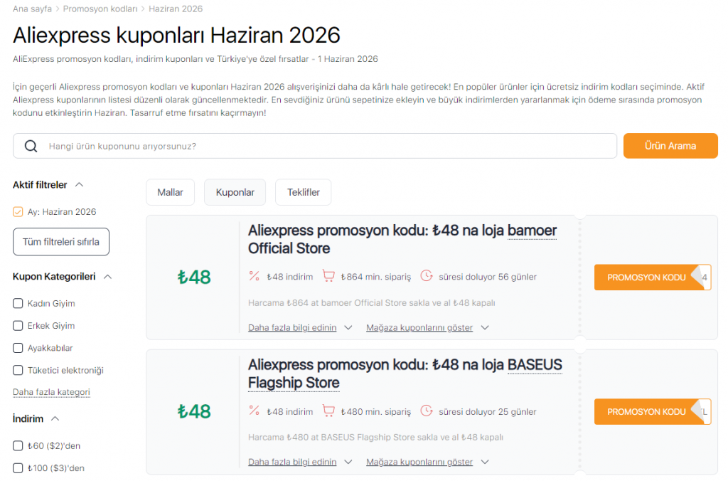 Aliexpress'te Satış Haziran kuponları