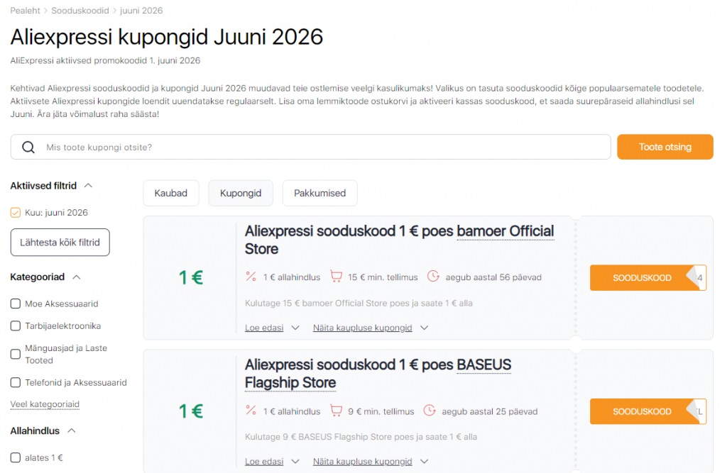 Müük Aliexpressi juuni sooduskupongid