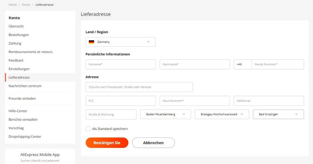 Lieferadresse bei Aliexpress ändert
