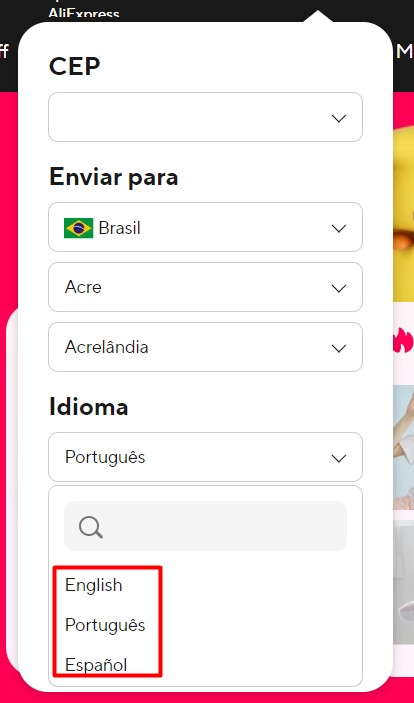 Mudar o idioma no AliExpress