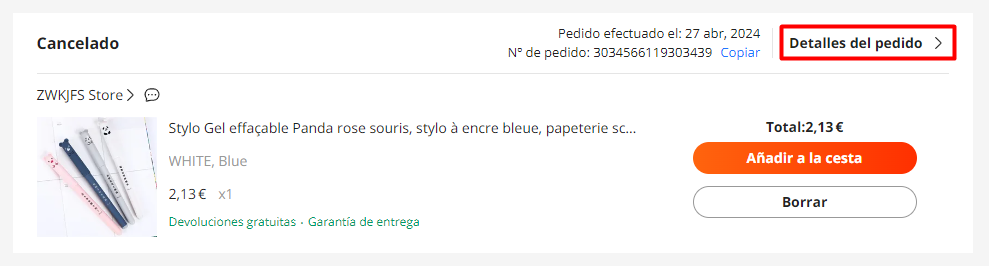 Historial de pedidos en Aliexpress - detalles